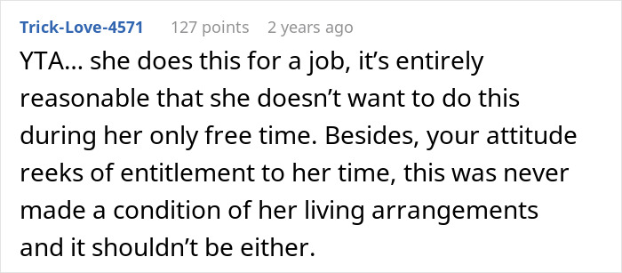 Comment discussing entitlement and unreasonable demands on a nanny who works 50 hours a week babysitting.