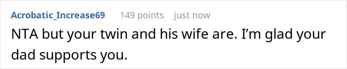 Screenshot of an online comment about a gay man attending his twin&rsquo;s wedding with partner, facing uninvited situation.