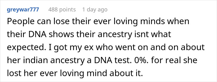 User comment about DNA test results showing unexpected ancestry, highlighting inlaws day ruined genetic heritage information. - 25