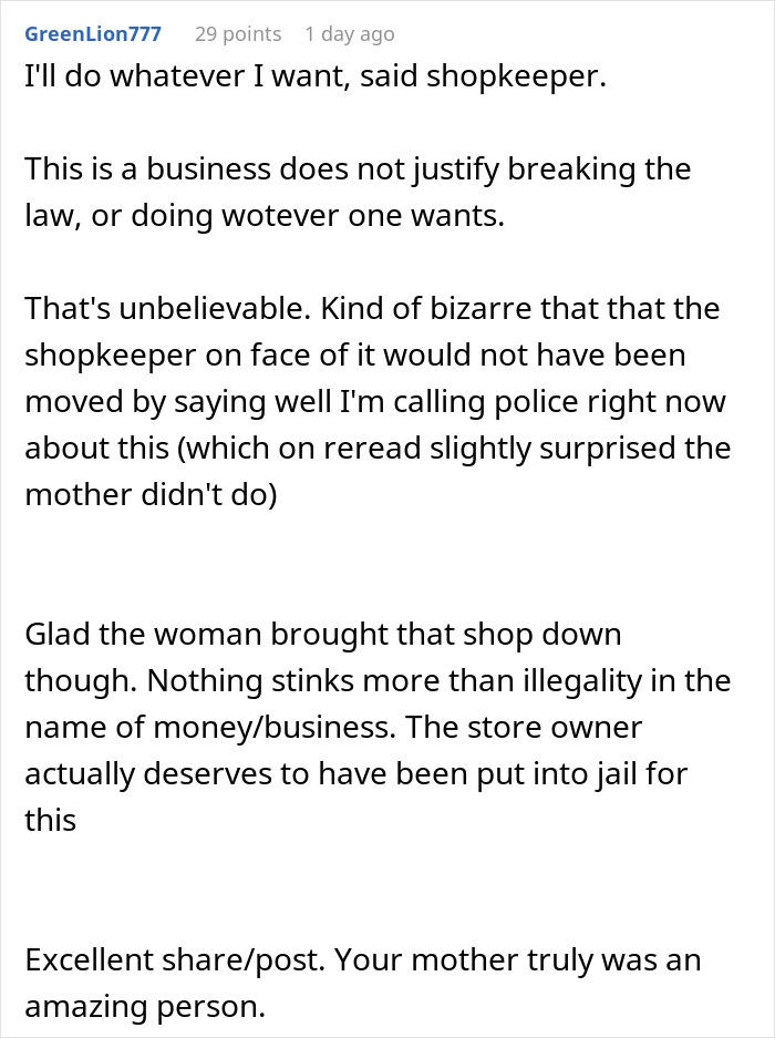 Reddit user commenting on a gaming store selling swords to a son and a mom closing down the gaming store. - 42