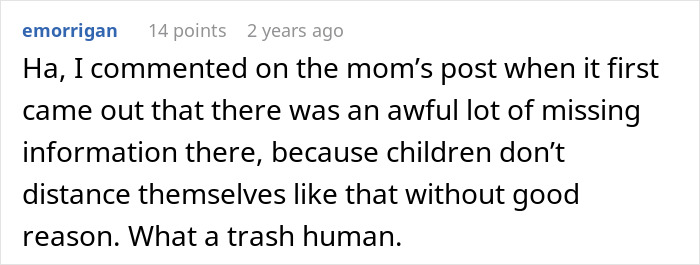 Comment discussing a manipulative mom and daughter story drama, criticizing the mom’s behavior and missing information. - 83