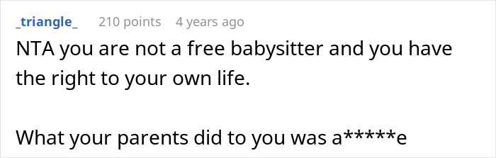 Screenshot of an online comment discussing the right to personal freedom from babysitting multiple siblings and parental demands. - 25