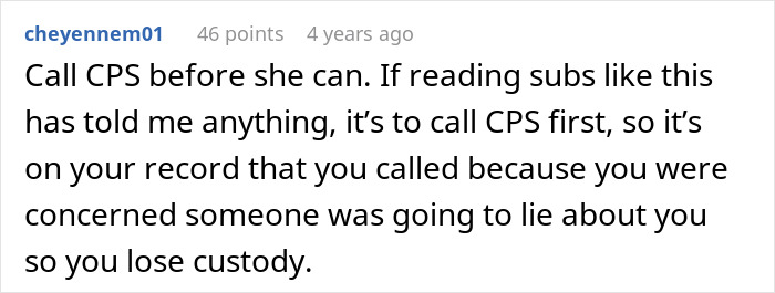 Screenshot of an online forum comment giving advice about CPS threats involving a woman and her mother-in-law. Screenshot of an online forum comment giving advice about CPS threats involving a woman and her mother-in-law.