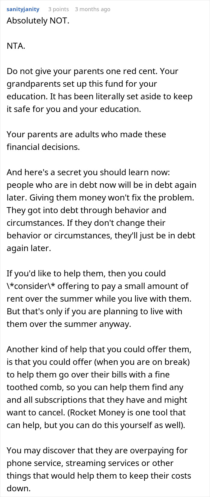 Comment discussing a teen refusing to sacrifice her future to fix parents’ financial mistakes and advice on handling debt. - 47