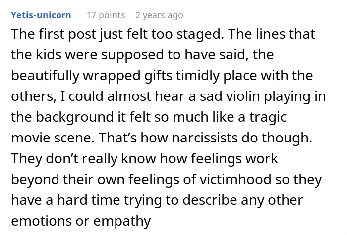 Comment text on manipulative mom daughter story drama discussing staged emotions and narcissistic behavior with lack of empathy. - 82