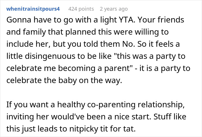 Reddit comment discussing a man’s baby shower with friends upsetting his pregnant ex, accusing him of mocking her experience. - 19