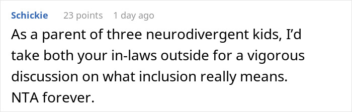 Screenshot of an online comment from a parent defending inclusion of an autistic nephew against groom's parents' criticism. Screenshot of an online comment from a parent defending inclusion of an autistic nephew against groom's parents' criticism.