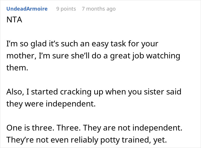 Screenshot of a Reddit comment discussing a couple expecting their childfree sister to babysit their three kids for seven days.