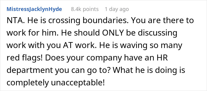 Text comment about single mom uncomfortable with boss crossing boundaries, raising red flags, and advising HR involvement.