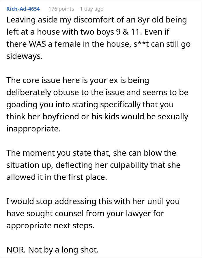 Comment discussing concerns about 8-year-old spending the night at mom's boyfriend's house with no female present.