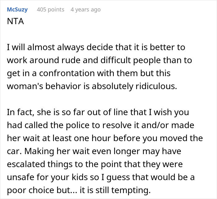 Screenshot of a comment describing aggressive behavior of a lady repeatedly parking in a couple’s private space and confrontation outcomes. Screenshot of a comment describing aggressive behavior of a lady repeatedly parking in a couple’s private space and confrontation outcomes.