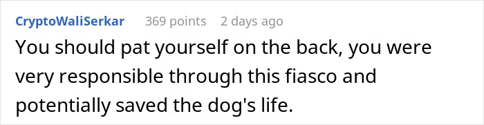 Comment highlighting someone being responsible and potentially saving the dog's life during a fiasco, related to insist friend board dog.
