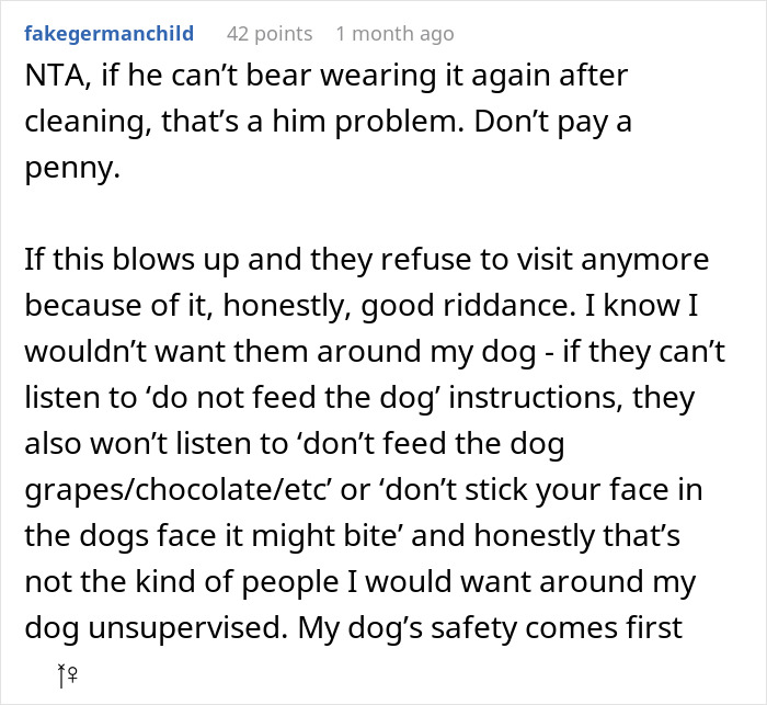 Comment discussing a woman refusing to replace nephew&rsquo;s jacket ruined by dog&rsquo;s accident, emphasizing dog safety warnings.
