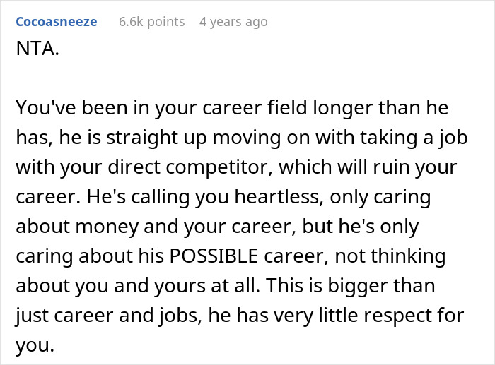 Screenshot of a discussion about asking husband to turn down a dream job to protect a spouse’s career and respect. - 24
