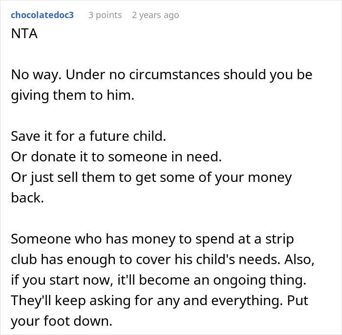 Comment discussing refusing to give money to a man prioritizing a cycle trip over watching his daughter. Comment discussing refusing to give money to a man prioritizing a cycle trip over watching his daughter.