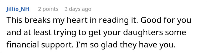 Screenshot of a social media comment expressing support for a man facing legal consequences as a deadbeat dad.