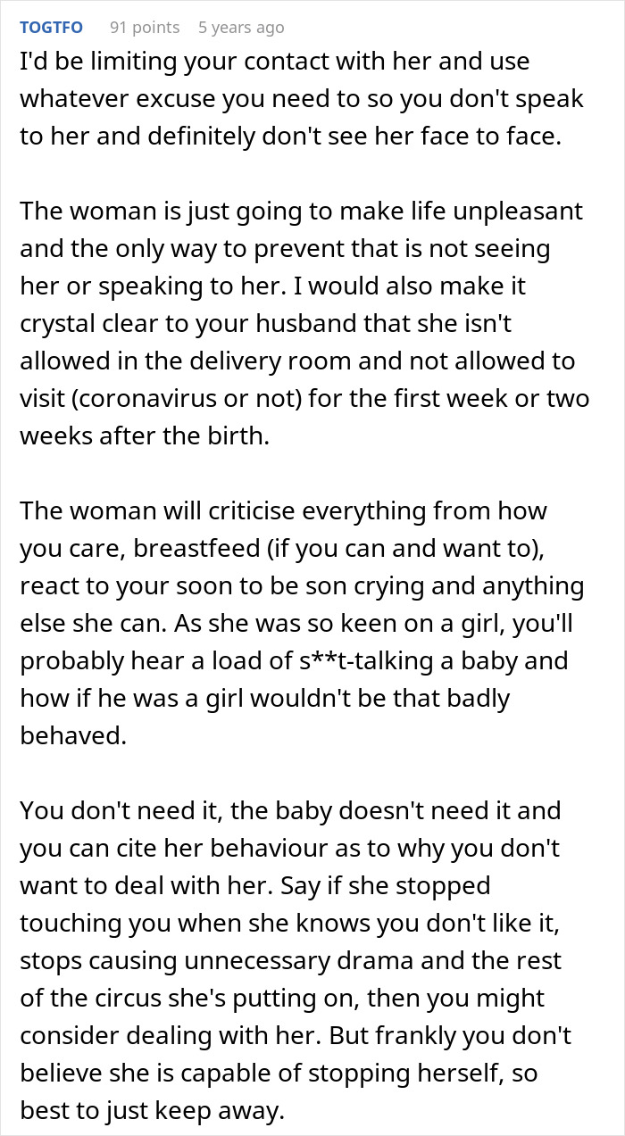 Text advice on limiting contact with a difficult MIL causing drama at a gender reveal and postpartum visit concerns.