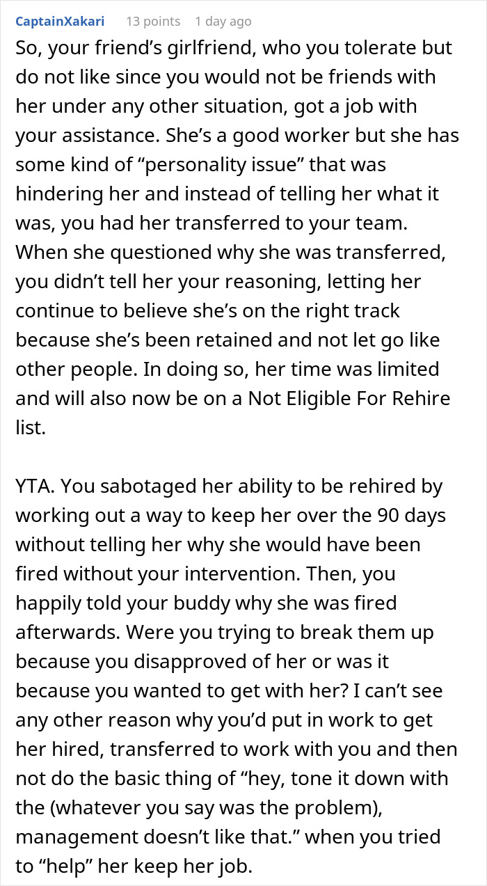 Screenshot of a Reddit comment discussing not telling a friend about getting fired, causing issues at work and rehire eligibility.