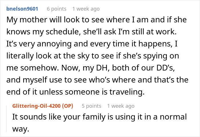 Screenshot of a user discussing how a mil-tracking-app-son is used by family members to check each other&rsquo;s locations.