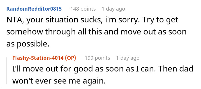 Reddit conversation showing a dad wanting daughter to accept stepmom and being blamed for kids distancing from him. - 18