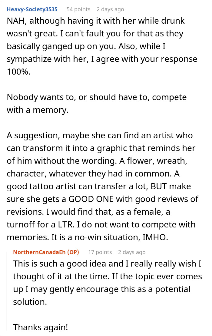 Reddit comment discussing how a friend&rsquo;s tattoo is ruining her love life, referencing Titanic and tattoo cover-up ideas.