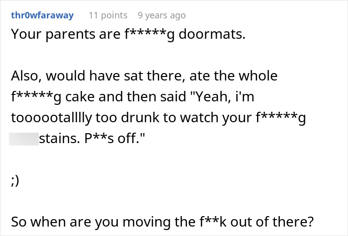 Alt text: Screenshot of a comment criticizing parents for letting an aunt invade home and demand free childcare. - 24