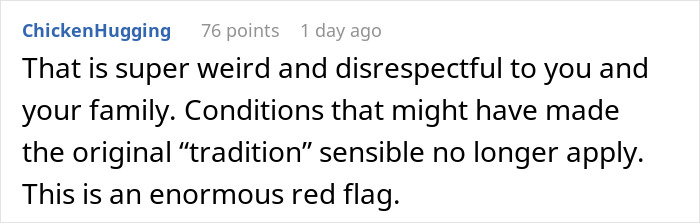 Comment expressing that the call-off wedding weird family tradition is disrespectful and a significant red flag.