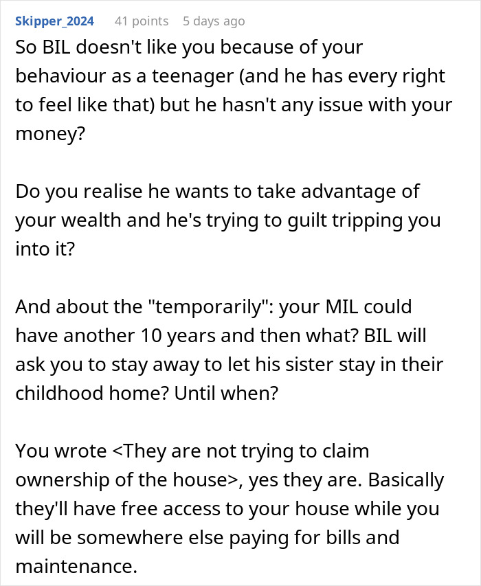 Comment discussing how the brother-in-law demands the man move out of wife’s childhood home for the family. - 48