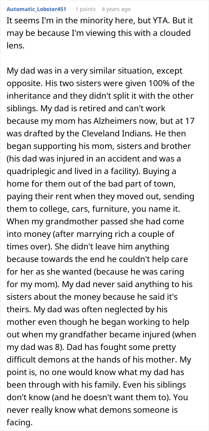 Reddit user shares a story about inheritance conflicts involving husband, freeloader sister, and wife's reaction. - 35