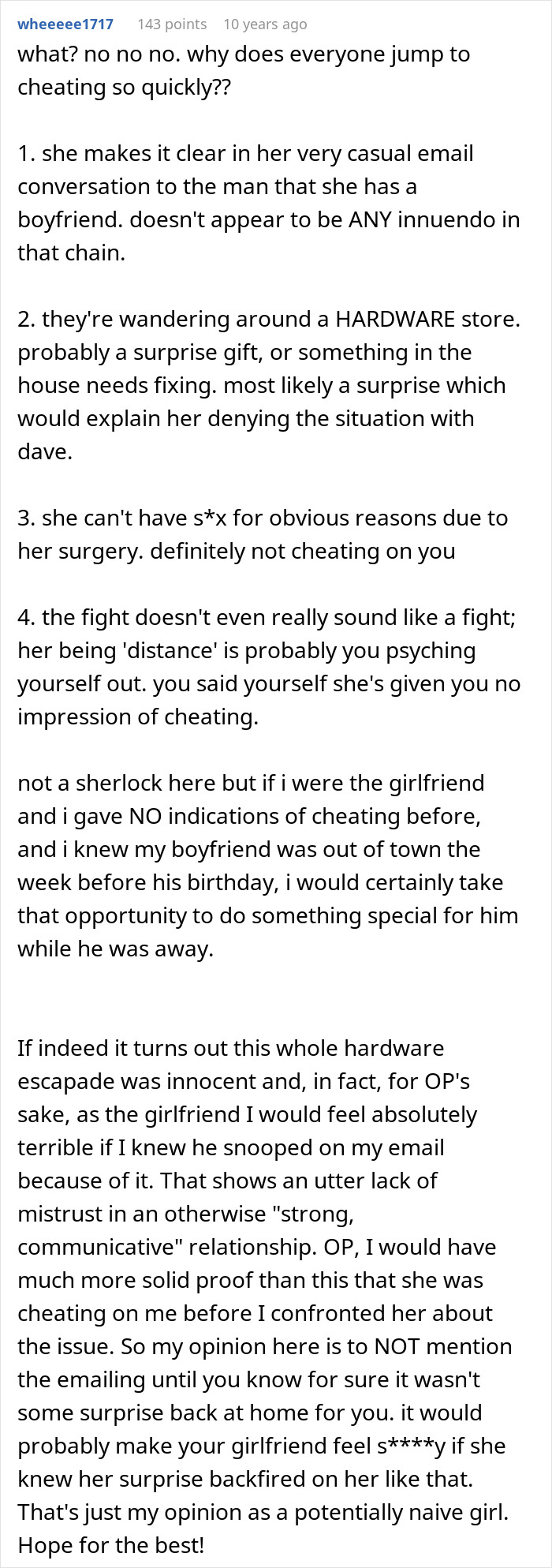 Comment explaining best friend saw girlfriend with another man based on casual email, hardware store visit, and trust issues.