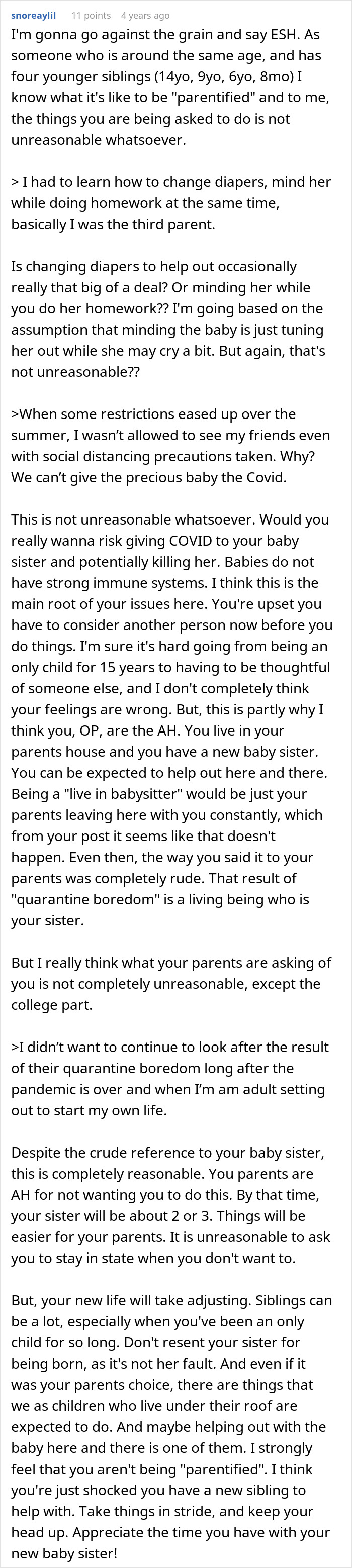 Commenter explaining a teen's refusal to be live-in babysitter for parents, sharing perspective on family and responsibilities. - 20
