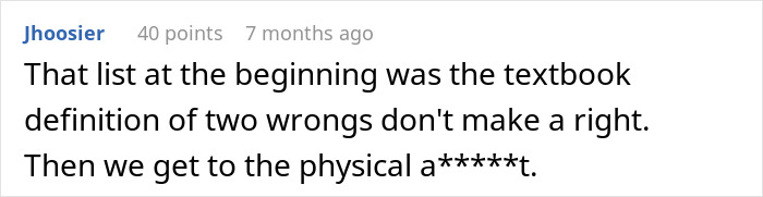 Alt text: Comment discussing physical violence linked to a drunk wife flashing husband's friends and verbal attacks in an online forum. - 44