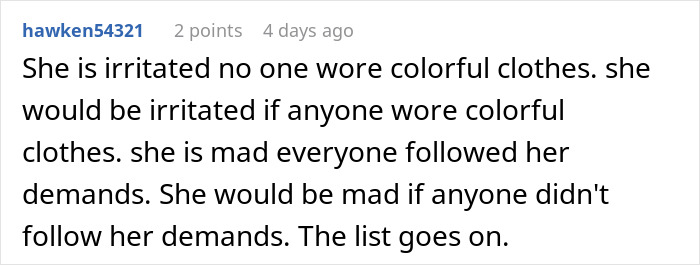 Comment on a forum post explaining the bride told guests to wear neutrals but got upset that no one wore color.