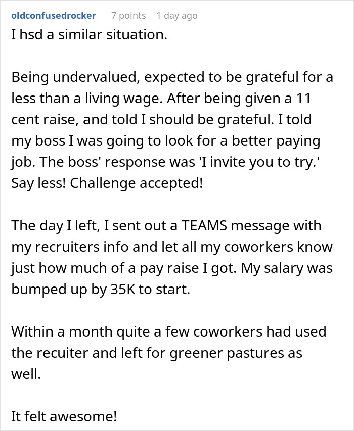 Reddit post about employee leaving company after wage reduction, sharing experience about pay raise and job change. - 31