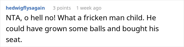 Comment on Reddit post discussing a man invading a woman&rsquo;s space after she declines to swap seats.