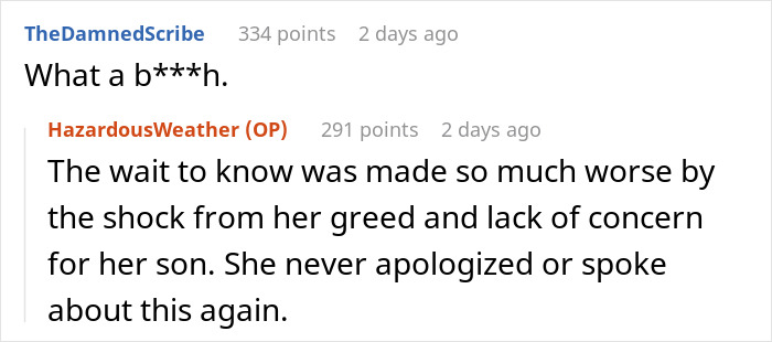 Screenshot of a Reddit thread where users discuss a mother-in-law’s lack of concern for her son feared lost at sea. Screenshot of a Reddit thread where users discuss a mother-in-law’s lack of concern for her son feared lost at sea.