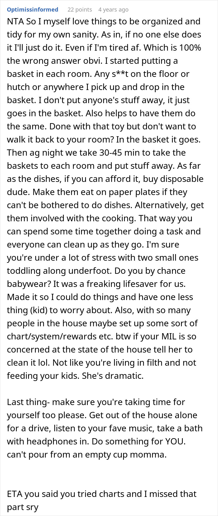 Reddit comment explaining how a mother lets family live in filth to teach a lesson with cleaning and organization tips.
