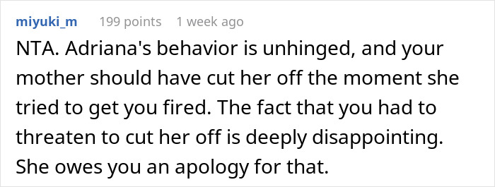 Screenshot of an online comment discussing a man threatening to cut off his mother over her friendship with his vengeful ex. - 33