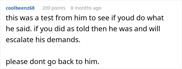 Screenshot of an online comment warning about red-flag behavior in a relationship and advising to avoid the boyfriend.