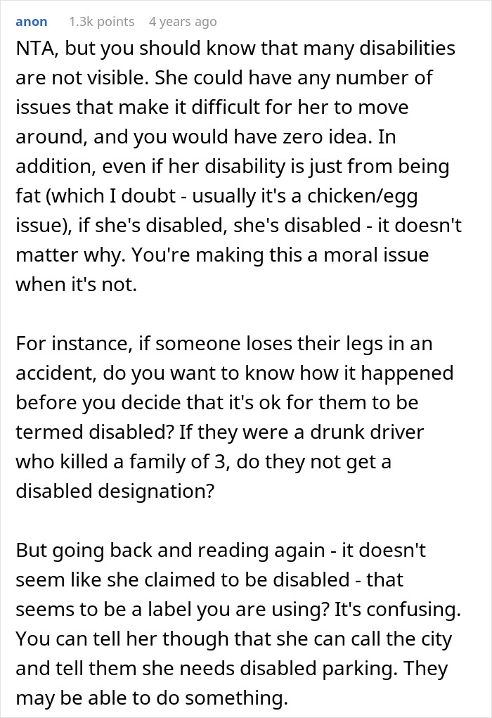 Commenter explains that many disabilities are invisible and discusses the complexities of labeling someone as disabled in a driveway dispute.