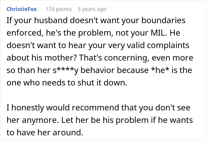 Comment from ChristieFox advising on handling MIL's behavior at a gender reveal and enforcing relationship boundaries.