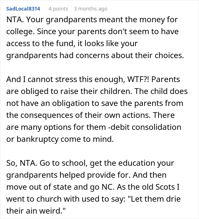 Comment explaining a teen refuses to sacrifice future for parents’ financial mistakes and encourages pursuing education. - 39