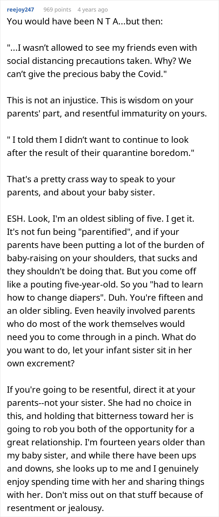 ALT text: Online discussion about teen refusing live-in babysitter role and family dynamics during quarantine boredom. - 21