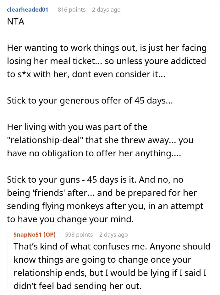 Reddit discussion about a guy asking his ex to move out after breakup and her threat to drop out of school. - 21