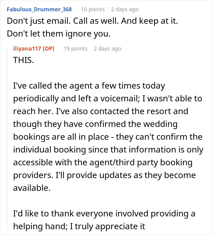 Screenshot of an online forum discussion about a bride trying to cancel a guest’s resort room and booking issues. - 15