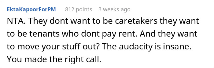 Screenshot of a Reddit comment explaining a man refusing to give his home to sister and her family, citing tenant issues.