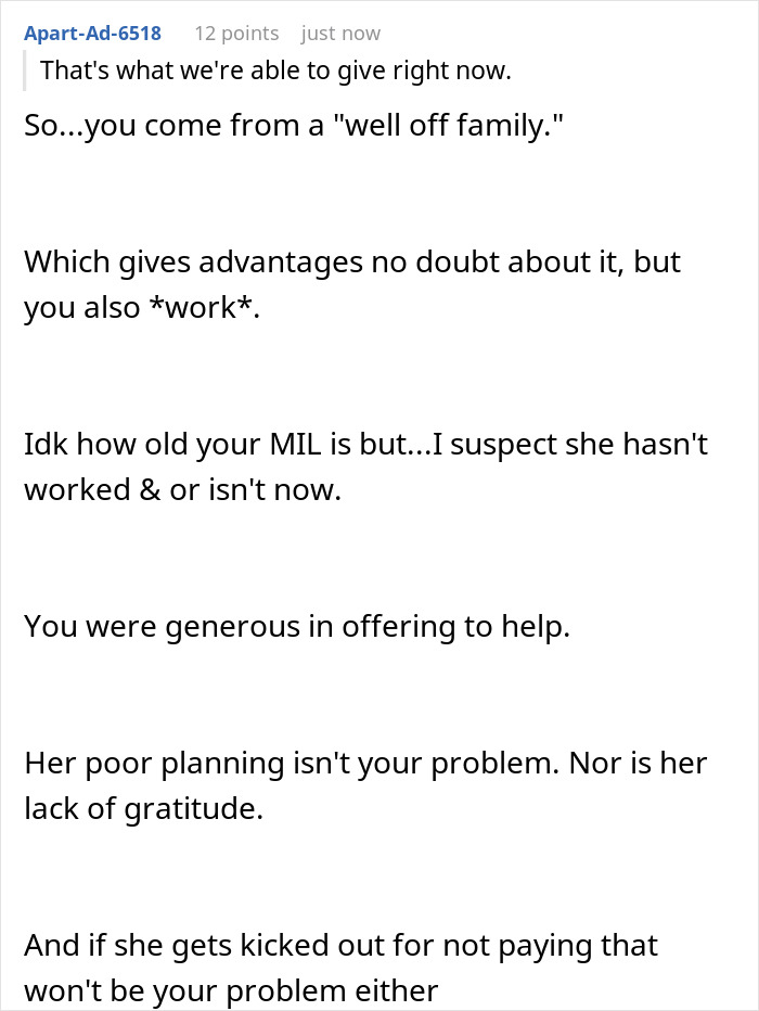 Text excerpt discussing a woman compelling daughter-in-law to pay rent and acting entitled after receiving partial payment.