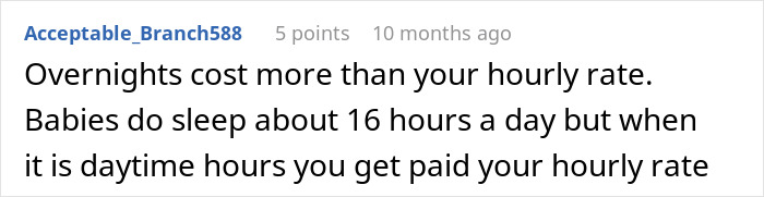 Comment discussing nanny overnight work and pay, highlighting discrepancy between hours worked and hourly rate compensation. - 26