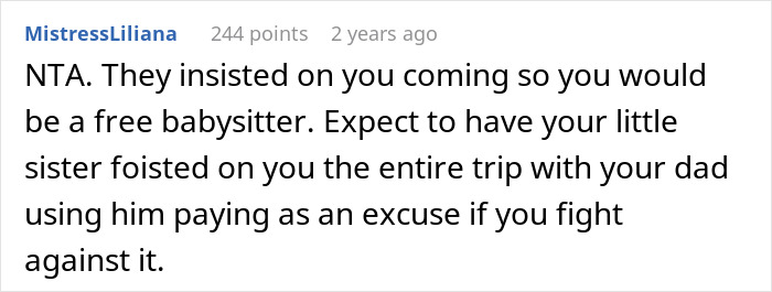Reddit comment explaining how a woman sneakily swaps seats to avoid babysitting little sister during trip paid for by dad.