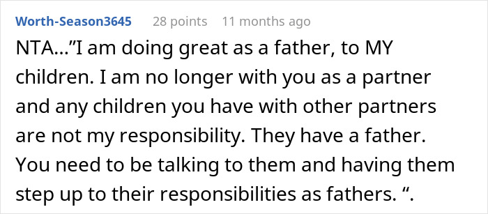 Alt text: Online comment about a father refusing responsibility for children with other men, discussing partner and parenting care.